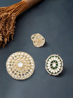 Zaveri Pearls - Set of 3 Green and White Meenakari Kundan Bridal Rings-ZPFK14523