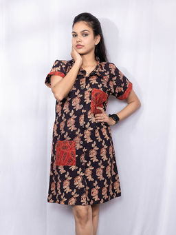 Laado - Black Bagru Hand block printed Shirt Dress with patch pocket