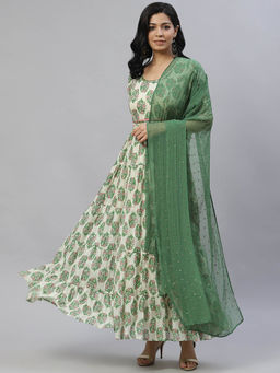 Laado - Cream-Coloured & Green Floral Ethnic Maxi Dress with Dupatta (Set of 2)
