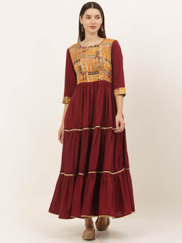 Laado - Maroon Rayon Tier Dress