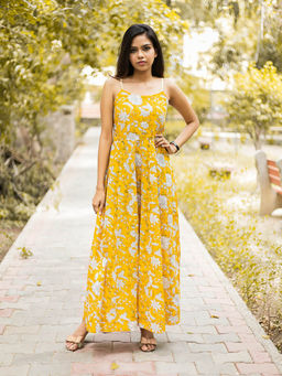 Laado - Hand block Printed Yellow Long Kalidar Dress with Smoking