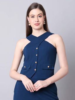 Exude - Blue Sophistication Cross Design Halter Top