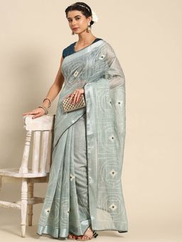 Odette - Blue Cotton Embroidered Saree with Unstitched Blouse