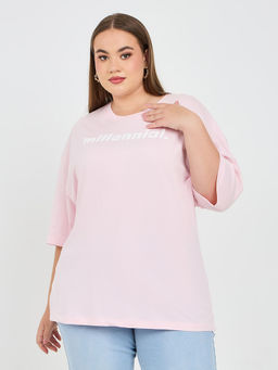 Styli Elevate - Women Pink Plus Oversized Printed Drop Shoulder Cotton T-Shirt