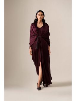 AMPM - Ekiya Burgundy Pre-Draped Saree With Attached Stitched Blouse And Belt