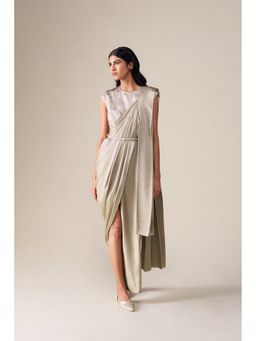 AMPM - Imara Grey Pre-Draped Saree With Attached Stitched Blouse And Belt