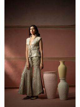 Twenty Nine - Georgette Silver Zari Mirror Work U Neck Tassel Jacket