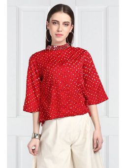 Twenty Nine - Red Bandhani Back Open Short Jacket With Chinese Neck