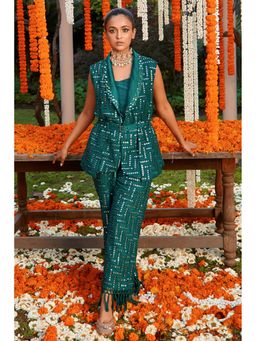 Twenty Nine - Green Embroidered Georgette Jacket and Pant