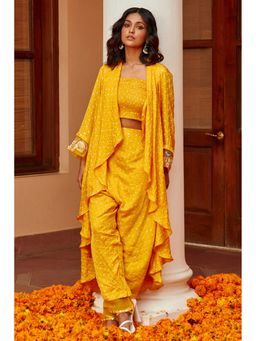 Twenty Nine - Yellow Printed Gajji Silk Bandhej Cape with Crop Top and Pant