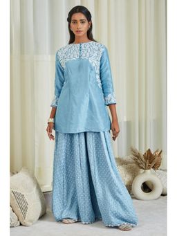 Twenty Nine - Blue Embroidered Gajji Silk Bandhej Tunic with Sharara