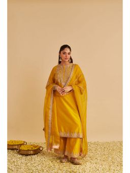 Sheetal Batra - Anaiza - Dabka Zardozi Embroidered Mustard Long Kurta And Palazzo With Dupatta