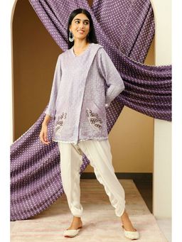 Twenty Nine - Lavender and White Three Fourth Sleeves Printed Poncho with Dhoti