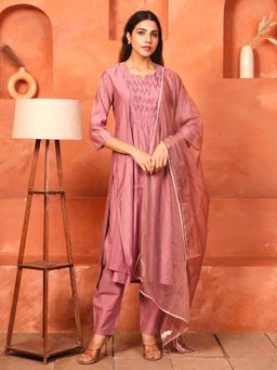 GULABI DORI - Earthy Pink Smocking Work Kurta and Pant with Organza Dupatta