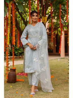 CHHAAP TILAK - Women Powder Blue Organza Intricate Gota Embroidered Kurta with Pant and Dupatta