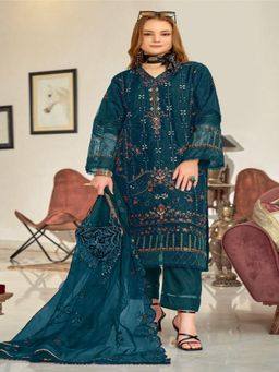 UDAY ENTERPRISE - Women Teal Organza Embroidered Kurta with Trouser and Dupatta