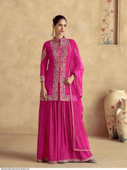 UDAY ENTERPRISE - Women Pink Chinon Embroidered Top with Sharara and Dupatta