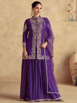 UDAY ENTERPRISE - Women Purple Chinon Embroidered Top with Sharara and Dupatta