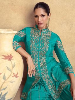 UDAY ENTERPRISE - Women Orange Chinon Embroidered Top with Sharara and Dupatta