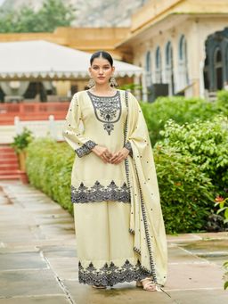 UDAY ENTERPRISE - Women Cream Chinon Embroidered Top with Sharara and Dupatta
