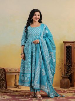 TUSHTI - Women Turquoise Cotton Floral Anarkali Kurta with Pant and Dupatta
