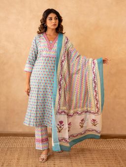 CHHAAP TILAK - Women Multi-Color Cotton Abstract Kurta with Trouser and Dupatta