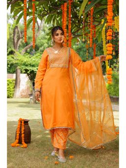 CHHAAP TILAK - Women Orange Organza Intricate Gota Embroidered Kurta with Pant and Dupatta
