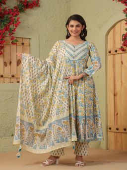 TUSHTI - Women Ivory Cotton Floral Anarkali Kurta with Pant and Dupatta