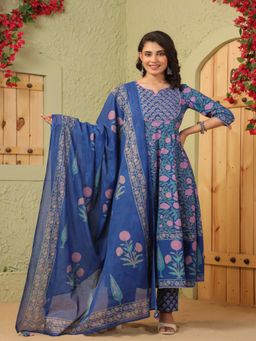 TUSHTI - Women Blue Cotton Floral Anarkali Kurta with Pant and Dupatta