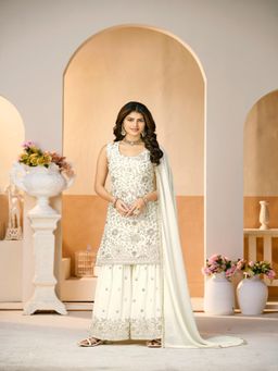UDAY ENTERPRISE - Women White Georgette Embroidered Top with Sharara and Dupatta