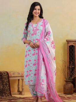 TUSHTI - Women White Cotton Floral Kurta with Pant and Dupatta