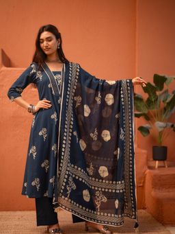 TUSHTI - Women Navy Blue Cotton Floral Kurta with Pant and Dupatta