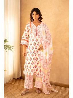CHHAAP TILAK - Women White Cotton Floral Kurta with Trouser and Dupatta