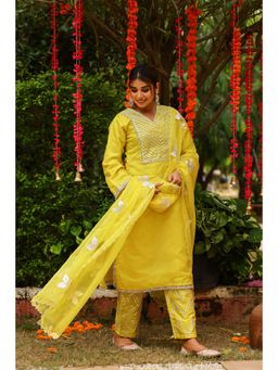 CHHAAP TILAK - Women Yellow Organza Intricate Gota Embroidered Kurta with Pant and Dupatta