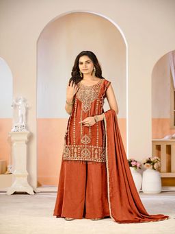 UDAY ENTERPRISE - Women Orange Silk Embroidered Top with Sharara and Dupatta