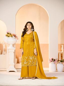 UDAY ENTERPRISE - Women Yellow Silk Embroidered Kurta with Sharara and Dupatta
