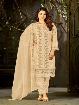UDAY ENTERPRISE - Women Beige Organza Embroidered Kurta with Trouser and Dupatta