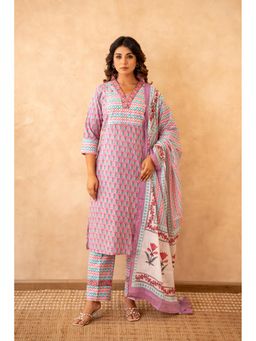 CHHAAP TILAK - Women Lavender Cotton Abstract Kurta with Trouser and Dupatta