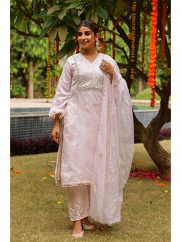 CHHAAP TILAK - Women Pastel Bloom Pink Organza Gota Embroidered Kurta with Pant and Dupatta