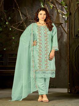 UDAY ENTERPRISE - Women Green Organza Embroidered Kurta with Trouser and Dupatta
