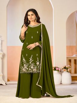 UDAY ENTERPRISE - Women Green Georgette Embroidered Top with Sharara and Dupatta