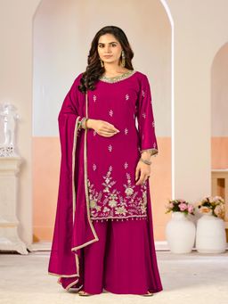 UDAY ENTERPRISE - Women Pink Georgette Embroidered Top with Sharara and Dupatta