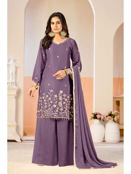 UDAY ENTERPRISE - Women Purple Silk Embroidered Top with Sharara and Dupatta
