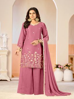 UDAY ENTERPRISE - Women Coral Silk Embroidered Top with Sharara and Dupatta