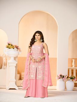 UDAY ENTERPRISE - Women Pink Chinon Embroidered Top with Sharara and Dupatta