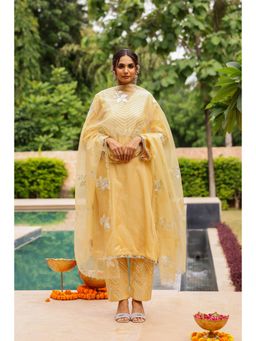 CHHAAP TILAK - Women Beige Golden Organza Intricate Gota Embroidered Kurta with Pant and Dupatta