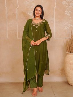 GULABI DORI - Moss Green Handwork Kurta and Pant with Organza Dupatta