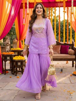 Label Kanupriya - Women Purple Poly Georgette Embroidered Crop Top with Sharara