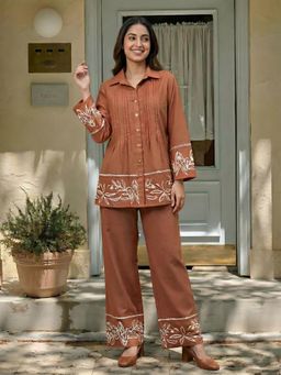 KAFTANIZE - Women Brown Cotton Blend Embroidered Co-ord Set