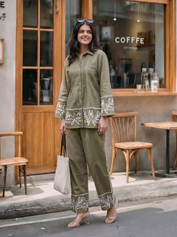 KAFTANIZE - Women Olive Cotton Blend Embroidered Co-ord Set